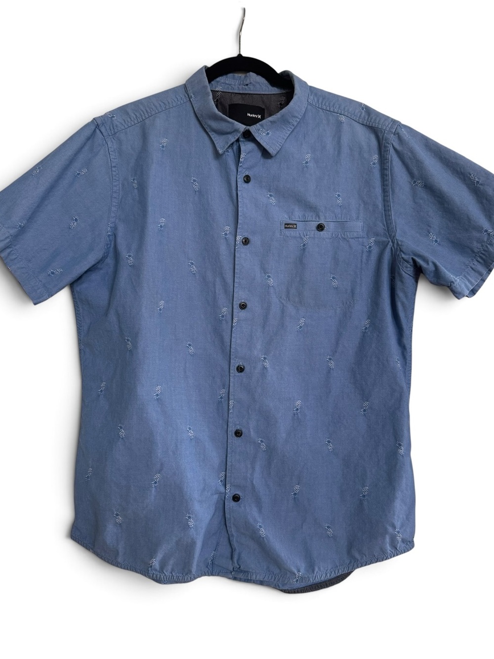 Hurley Short Sleeve Blue Casual Button-Up Shirt pineapple design XL 100% cotton